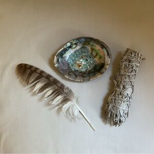 Abalone Shell Bowl + Sage Smudge Stick + Feather *3 Piece Set